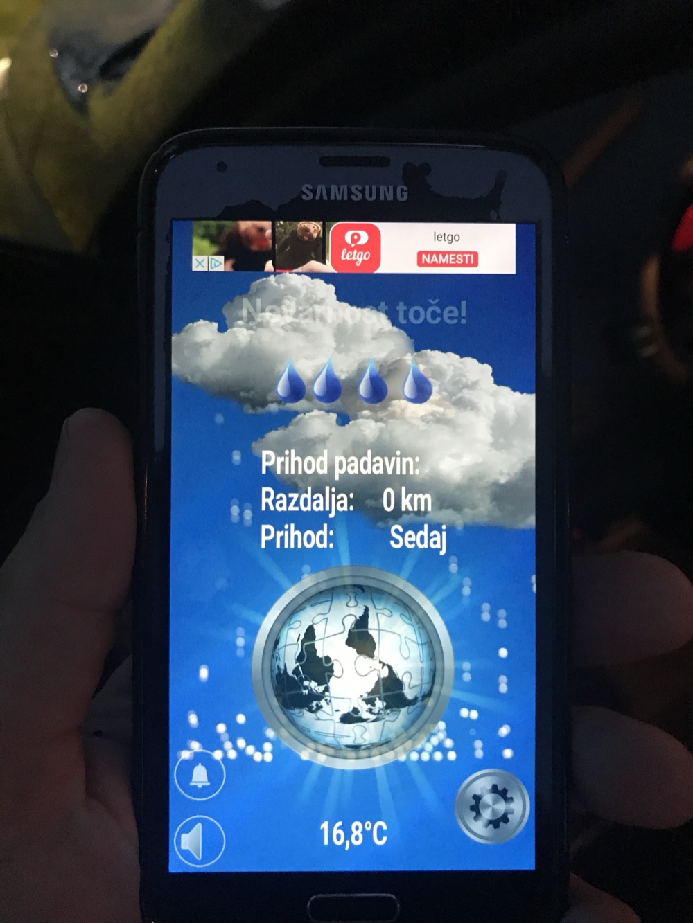 Opozorilo o toči na Samsungu. Ko piše "Prihod: Sedaj", je celica že nad tabo.